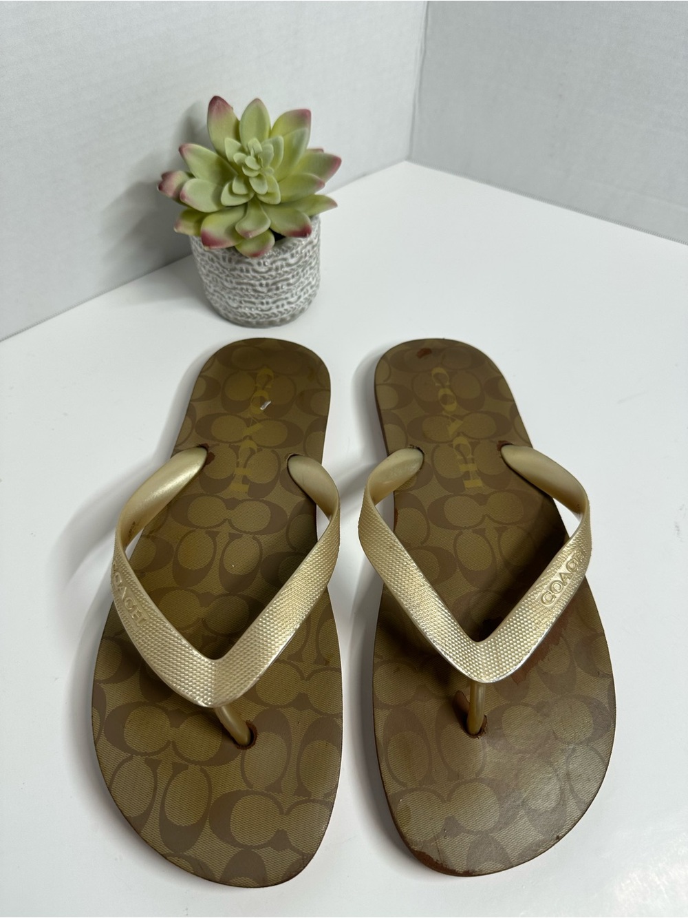Coach Women's Gold-Strap Signature Print Flip Flops